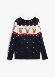 Sweter bożonarodzeniowy z motywem reniferów. Niebieskie swetry bonprix, bez wzorów, bez ramiączek. Za 129.99 zł.