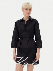 KARL LAGERFELD Sukienka koszulowa A1W46006 Czarny Regular Fit. Czarne sukienki KARL LAGERFELD, xs, bez wzorów, z bawełny, bez kołnierzyka, bez ramiączek, koszulowe. Za 489.99 zł.