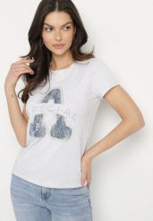 Jasnoszary Bawełniany T-shirt Ozdobiony Napisem i Cyrkoniami Isnorea. Szare t-shirty Born2be, m, bez wzorów, z bawełny, bez kołnierzyka, bez ramiączek. Za 34.99 zł.