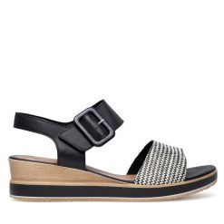 Sandały Remonte. Czarne sandały Remonte, bez wzorów, bez obcasa, na koturnie, bez zapięcia. Za 349.99 zł.