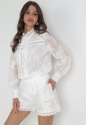 Biały Koronkowy Komplet z Szortami i Koszulą Evanilla. Białe koszule Born2be, m, bez wzorów, z koronki, bez kołnierzyka, bez ramiączek. Za 239.99 zł.