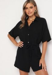 Czarny Muślinowy Kombinezon z Bawełny Wiązany w Talii z Guzikami Dlirena. Czarne sukienki Born2be, uniwersalny, bez wzorów, z bawełny, eleganckie, bez kołnierzyka, bez ramiączek, mini. Za 109.99 zł.