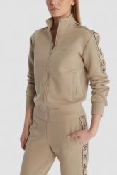 GUESS Beżowa damska bluza rozpinana z lampasami Britney, Rozmiar M. Brązowe bluzy Guess, m, z aplikacjami, bez kaptura. Za 489.99 zł.