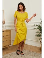 Le Monde du Lin Lniana sukienka w kolorze żółtym rozmiar: 34/36. Żółte sukienki Le Monde du Lin, bez wzorów, ze lnu, z asymetrycznym kołnierzem, bez ramiączek, midi, asymetryczne. Za 130.99 zł.