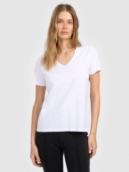 4F T-shirt regular gładki damski - biały L. Białe t-shirty 4f, l, bez wzorów, z materiału, bez kołnierzyka, bez ramiączek. Za 49.99 zł.
