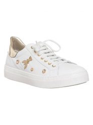 Patrizia Pepe Skórzane sneakersy w kolorze złoto-białym rozmiar: 36. Białe trampki Patrizia Pepe, bez wzorów, ze skóry, bez zapięcia. Za 472.45 zł.