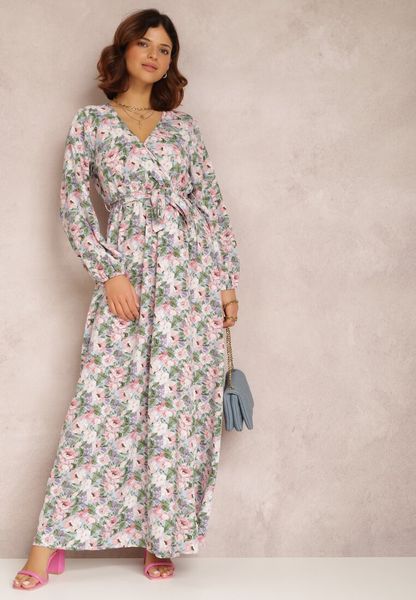 Jasnoniebieska Sukienka Katiphae. Niebieskie sukienki Renee, l, z aplikacjami, z materiału, bez kołnierzyka, bez ramiączek, maxi, kopertowe. Za 79.99 zł.