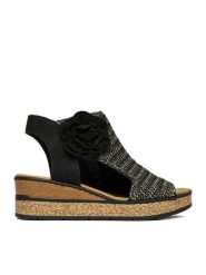 Rieker Sandały CEO-63791-01 Czarny. Czarne sandały Rieker, bez wzorów, z materiału, bez obcasa, na koturnie, bez zapięcia. Za 359.99 zł.