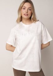 Biały Bawełniany T-shirt Oversize z Haftowanym Napisem z Cekinami Aewai. Białe t-shirty Born2be, m, bez wzorów, z bawełny, bez kołnierzyka, bez ramiączek. Za 59.99 zł.
