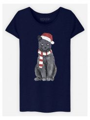 WOOOP Koszulka "Xmas Cat" w kolorze granatowym rozmiar: M. Niebieskie bluzki Wooop, m, bez wzorów, z bawełny, bez kołnierzyka, bez ramiączek. Za 56.99 zł.