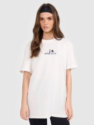 4F T-shirt oversize z nadrukiem damski - beżowy S. Brązowe t-shirty 4f, s, bez wzorów, z dzianiny, bez kołnierzyka, bez ramiączek. Za 79.99 zł.
