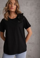 Czarny Bawełniany T-shirt o Klasycznym Kroju z Kwiatowymi Aplikacjami 3D Morgane. Czarne t-shirty Renee, l, z aplikacjami, z bawełny, bez kołnierzyka, bez ramiączek. Za 59.99 zł.