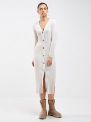 BIG STAR Sukienka w kolorze kremowym rozmiar: M. Brązowe sukienki Big Star, m, bez wzorów, prążkowane, retro, bez kołnierzyka, bez ramiączek, maxi. Za 144.99 zł.