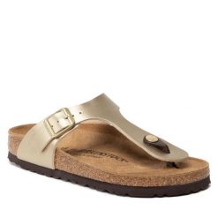 Japonki Birkenstock. Żółte klapki Birkenstock, bez wzorów, bez obcasa. Za 399.99 zł.