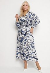 Niebieska Rozkloszowana Sukienka Kopertowa z Wiskozą w Abstrakcyjny Wzór Dleffia. Niebieskie sukienki Born2be, na co dzień, plus size, bez wzorów, z wiskozy, eleganckie, bez kołnierzyka, plus size, bez ramiączek, maxi, kopertowe. Za 89.99 zł.