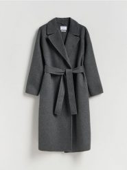 Wiązany płaszcz z wełną - ciemnoszary. Szare płaszcze Reserved, l, bez wzorów, z tkaniny, bez kaptura. Za 399.99 zł.