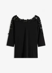 Bluzka z krótkim rękawem i szydełkową wstawką. Czarne bluzki bonprix, bez wzorów, eleganckie, bez kołnierzyka, bez ramiączek. Za 99.99 zł.