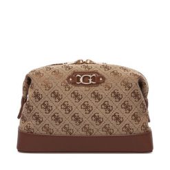 Kosmetyczka Guess. Brązowe kufry i kosmetyczki Guess, z aplikacjami, z materiału, bez dodatków. Za 264.99 zł.