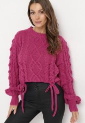 Fuksjowy Klasyczny Sweter ze Ściągaczami i Ozdobnym Sznurowaniem Nabira. Czerwone swetry Born2be, bez wzorów, bez ramiączek. Za 129.99 zł.