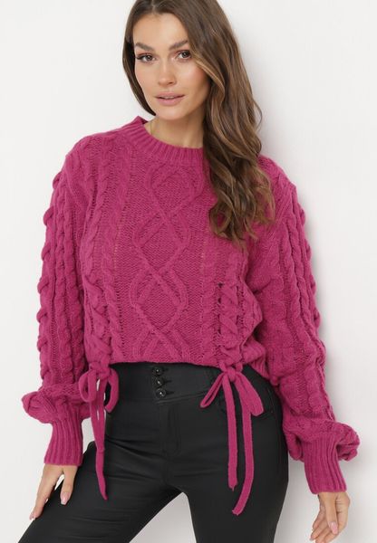 Fuksjowy Klasyczny Sweter ze Ściągaczami i Ozdobnym Sznurowaniem Nabira. Czerwone swetry Born2be, bez wzorów, bez ramiączek. Za 129.99 zł.