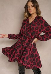 Bordowa Sukienka w Panterkowy Print o Rozkloszowanym Kroju z Wiązaniem w Talii Ameriana. Czerwone sukienki Renee, na co dzień, na lato, m, bez wzorów, eleganckie, bez kołnierzyka, bez ramiączek, mini, kopertowe. Za 109.99 zł.