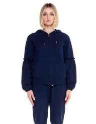 Błyszcząca damska bluza z kapturem zapinana na zamek. Niebieskie bluzy LEONE 1947 APPAREL, l, bez wzorów, z bawełny, z kapturem. Za 147.31 zł.