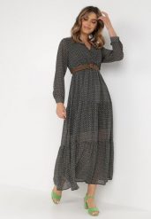 Czarna Sukienka Demusa. Czarne sukienki Born2be, l, bez wzorów, z tkaniny, bez kołnierzyka, bez ramiączek, maxi, kopertowe. Za 149.99 zł.