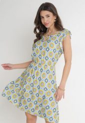 Niebiesko-Żółta Bawełniana Sukienka Mini z Gumką w Talii Caara. Niebieskie sukienki Born2be, l, bez wzorów, z bawełny, bez kołnierzyka, bez ramiączek, mini. Za 34.99 zł.
