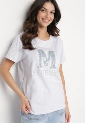 Jasnoszary T-shirt z Bawełny Ozdobiony Napisem i Cyrkoniami Olireth. Szare t-shirty Born2be, l, bez wzorów, z bawełny, bez kołnierzyka, bez ramiączek. Za 34.99 zł.