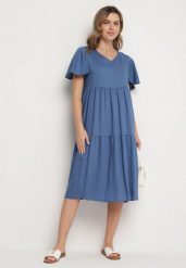 Niebieska Wiskozowa Sukienka Rozkloszowana z Dekoltem V Natilenia. Niebieskie sukienki Born2be, na co dzień, l, bez wzorów, z wiskozy, eleganckie, bez kołnierzyka, bez ramiączek, midi, rozkloszowane. Za 49.99 zł.