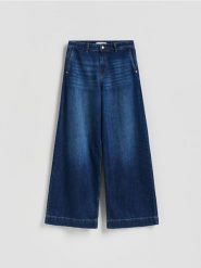 Jeansy wide leg - granatowy. Niebieskie jeansy Reserved, bez wzorów. Za 139.99 zł.