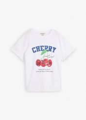 T-shirt z nadrukiem z czystej bawełny organicznej. Białe t-shirty bonprix, bez wzorów, z bawełny, bez kołnierzyka, bez ramiączek. Za 37.99 zł.