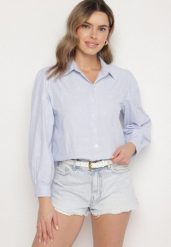 Niebieska Bawełniana Koszula z Ozdobnym Haftem Doviene. Niebieskie koszule Born2be, l, bez wzorów, z bawełny, eleganckie, bez kołnierzyka, bez ramiączek. Za 59.99 zł.