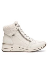 Remonte Trzewiki D0T77-80 Biały. Białe botki Remonte, bez wzorów, ze skóry, bez obcasa, na koturnie, bez zapięcia. Za 367.00 zł.