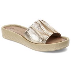 Złote Klapki Armodo Eleganckie Wsuwane Obuwie Damskie. Żółte klapki Armodo, bez wzorów, z materiału, bez obcasa. Za 239.00 zł.