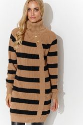 Kamelowo -Czarny Sweter Damski w Kontrastowe Paski. Czarne swetry Makadamia, uniwersalny, bez wzorów, z materiału, bez ramiączek. Za 289.90 zł.