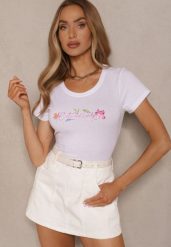 Biały T-shirt z Bawełny Zdobiony Nadrukiem Zarinla. Białe t-shirty Renee, l, z aplikacjami, z bawełny, bez kołnierzyka, bez ramiączek. Za 29.99 zł.