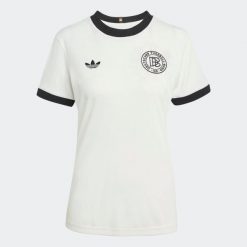 Koszulka piłkarska damska ADIDAS Niemcy „125 lat” domowa. Bluzki Adidas, l, bez wzorów, sportowe, bez kołnierzyka, bez ramiączek. Za 319.99 zł.