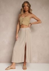 Ciemnobeżowa Rozkloszowana Spódnica z Wiskozy z Kieszeniami Galmira. Brązowe spódnice Renee, na co dzień, l, bez wzorów, z materiału, eleganckie, midi, rozkloszowane. Za 49.99 zł.