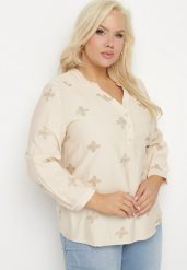 Beżowa Koszula z Wiskozą Zdobiona Haftem z Metaliczną Nicią Parlivia. Brązowe koszule Born2be, plus size, z aplikacjami, z jeansu, eleganckie, bez kołnierzyka, plus size, bez ramiączek. Za 84.99 zł.