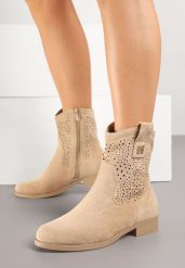 Ciemnobeżowe Botki w Stylu Kowbojek z Ażurowymi Wycięciami Efadriana. Brązowe botki Born2be, w ażurowe wzory, bez obcasa, na płaskiej podeszwie, bez zapięcia. Za 129.99 zł.