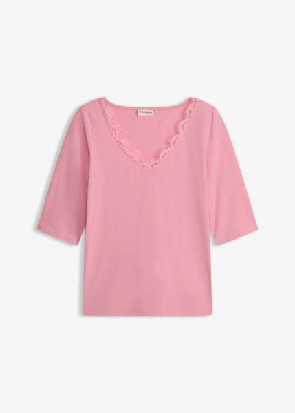 Koszulka z koronką. Czerwone bluzki bonprix, bez wzorów, z koronki, eleganckie, bez kołnierzyka, bez ramiączek. Za 34.99 zł.