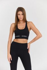 GUESS Damski czarny top Aline Eco Stretch Jersey. Czarne topy Guess, s, z aplikacjami, z bawełny, bez kołnierzyka, bez ramiączek. W wyprzedaży za 89.99 zł.