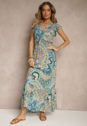 Zielono-Żółta Sukienka z Bawełny w Stylu Boho z Kopertowym Dekoltem Dillana. Zielone sukienki Renee, l, bez wzorów, z bawełny, boho, bez kołnierzyka, bez ramiączek, maxi, kopertowe. Za 54.99 zł.