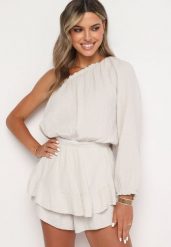 Beżowy Muślinowy Kombinezon z Bawełny na Jedno Ramię z Gumką w Pasie Vimaree. Brązowe sukienki Born2be, na co dzień, s, bez wzorów, z bawełny, z asymetrycznym kołnierzem, bez ramiączek, asymetryczne. Za 139.99 zł.