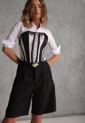 Czarne Szorty Bermudy Eleganckie z Paskiem High Waist Rhodissa. Czarne szorty Renee, bez wzorów, z materiału, biznesowe, z podwyższonym stanem. Za 119.99 zł.