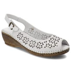 Białe Sandały Lanqier Wygodne Skórzane Buty. Białe sandały Lanqier, w ażurowe wzory, ze skóry, eleganckie, bez obcasa, na koturnie, bez zapięcia. Za 159.00 zł.