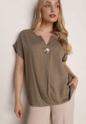 Ciemnobeżowa Nietoperzowa Bluzka z Krótkim Rękawem z Lnem i Wiskozą Isirtila. Brązowe bluzki Born2be, l, bez wzorów, z bawełny, biznesowe, bez kołnierzyka, bez ramiączek. Za 69.99 zł.
