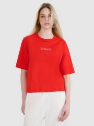 4F T-shirt oversize z nadrukiem damski - czerwony M. Czerwone t-shirty 4f, m, bez wzorów, z bawełny, bez kołnierzyka, bez ramiączek. W wyprzedaży za 29.99 zł.