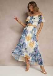 Niebieska Sukienka Hiszpanka z Kwiatowym Wzorem i Plecionym Paskiem Sadeene. Niebieskie sukienki Renee, na co dzień, na lato, m, bez wzorów, eleganckie, bez kołnierzyka, bez ramiączek, midi. Za 89.99 zł.